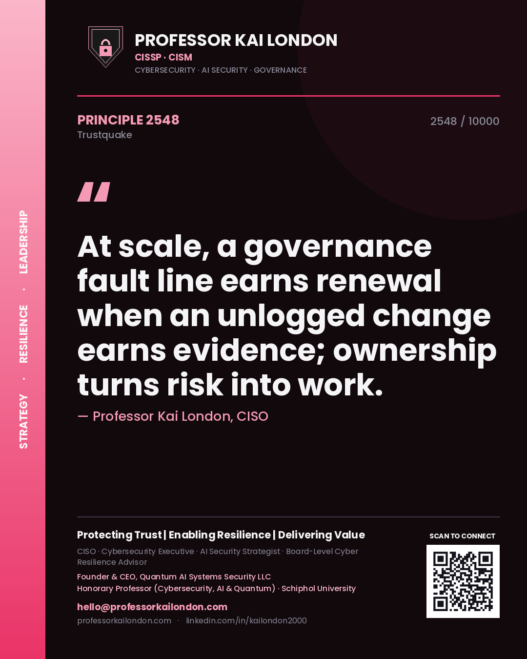 Professor Kai London principle 2548: At scale, a governance fault line earns renewal when an unlogged change earns evidence; ownership turns risk into work.