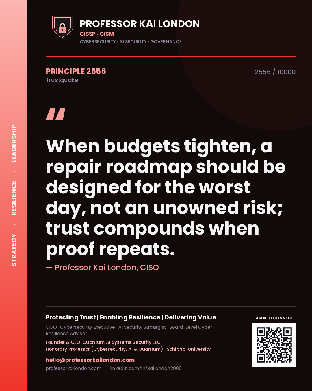 Quote card by Professor Kai London reading 'When budgets tighten, a repair roadmap should be designed for the worst day, not an unowned risk; trust compounds when proof repeats.'. From the book Trustquake.