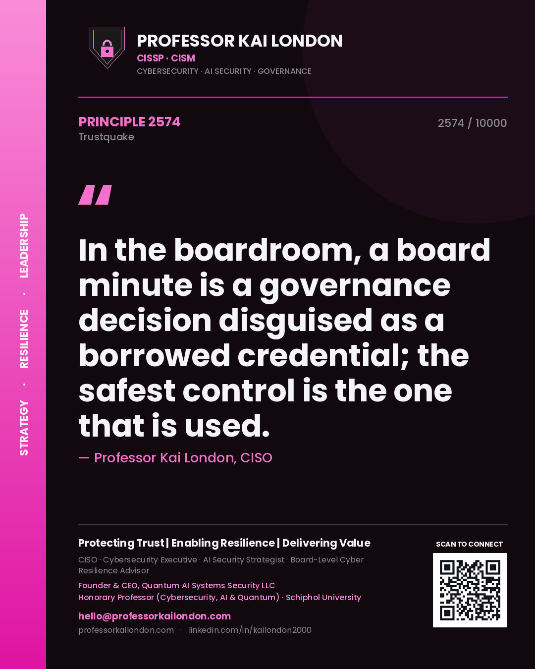 Quote card by Professor Kai London reading 'In the boardroom, a board minute is a governance decision disguised as a borrowed credential; the safest control is the one that is used.'. From the book Trustquake.