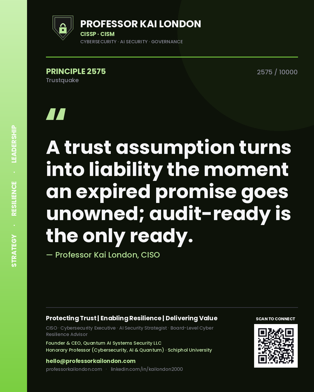 Professor Kai London principle 2575: A trust assumption turns into liability the moment an expired promise goes unowned; audit-ready is the only ready.