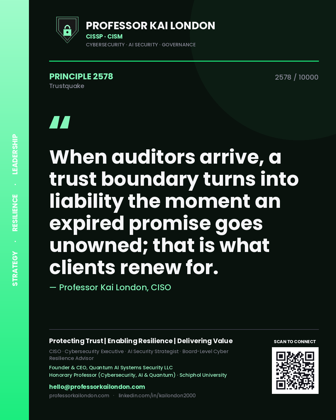 Quote card by Professor Kai London reading 'When auditors arrive, a trust boundary turns into liability the moment an expired promise goes unowned; that is what clients renew for.'. From the book Trustquake.