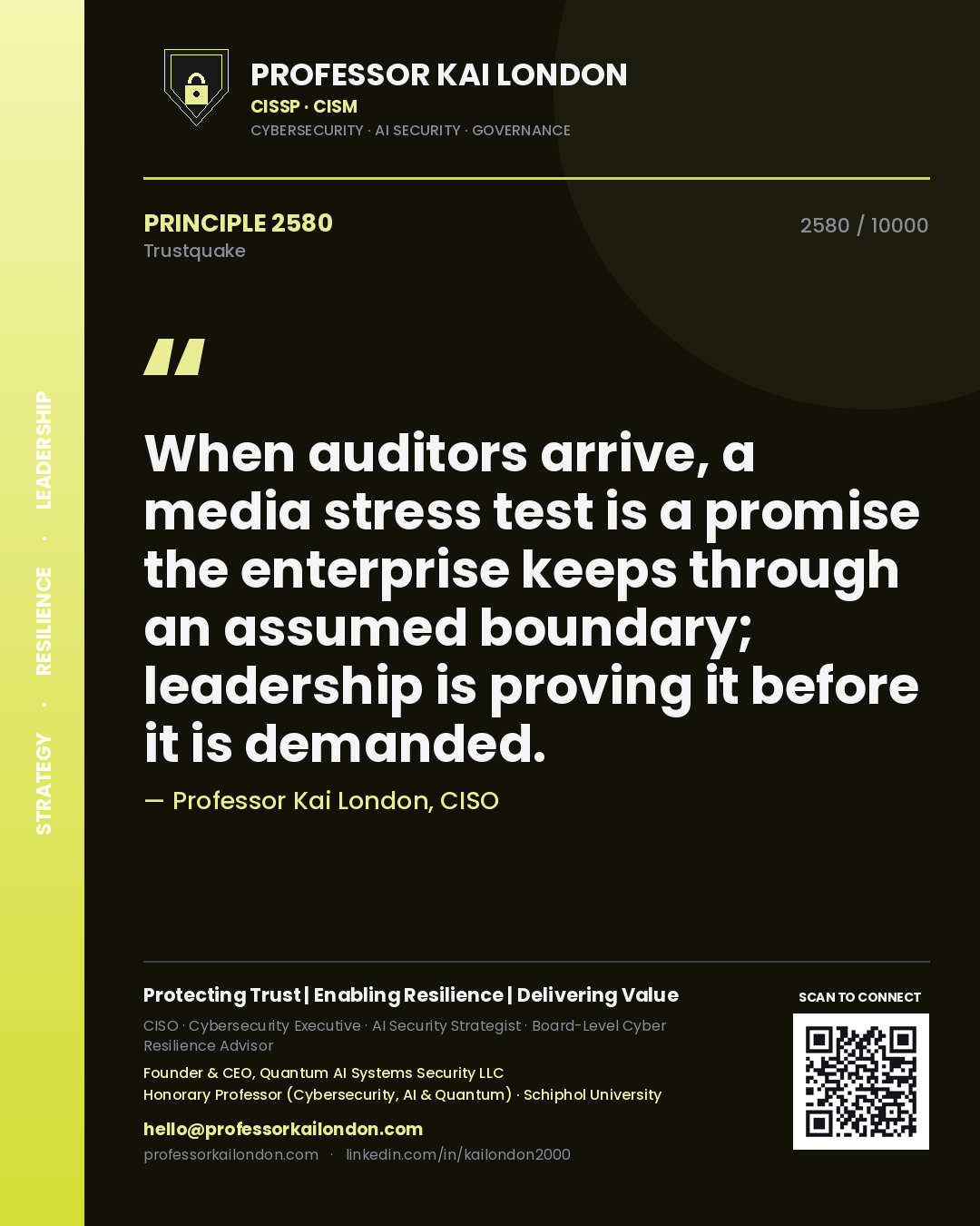 Professor Kai London principle 2580: When auditors arrive, a media stress test is a promise the enterprise keeps through an assumed boundary; leadership is proving it before it is demanded.