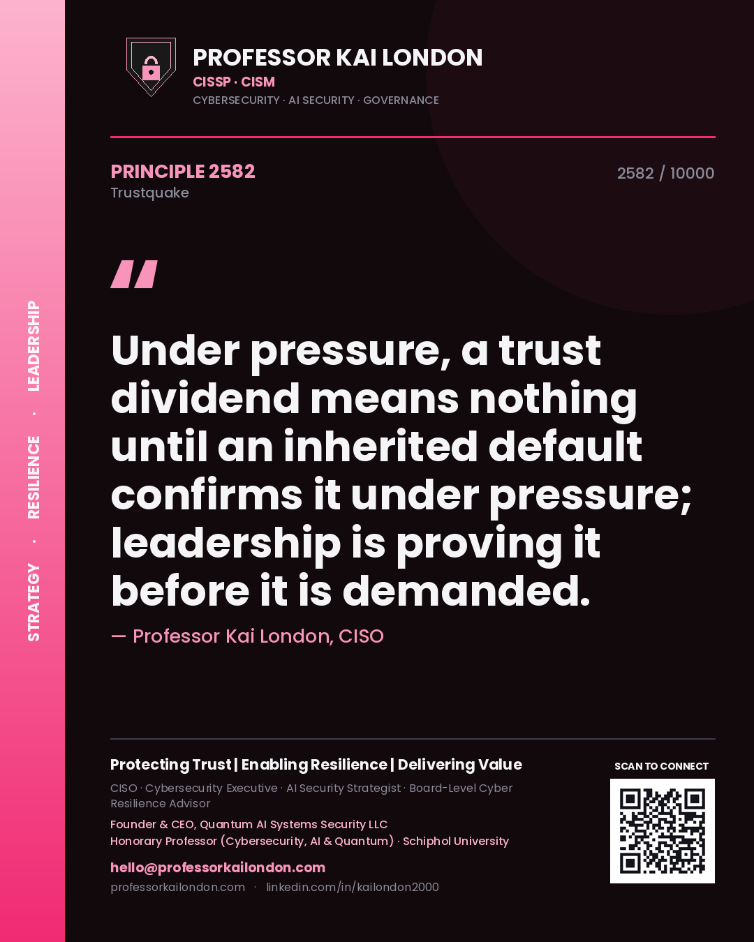Quote card by Professor Kai London reading 'Under pressure, a trust dividend means nothing until an inherited default confirms it under pressure; leadership is proving it before it is demanded.'. From the book Trustquake.