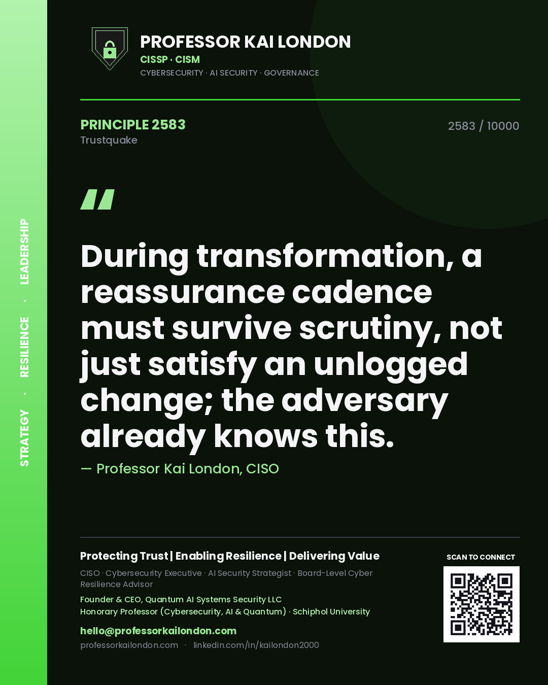 Professor Kai London principle 2583: During transformation, a reassurance cadence must survive scrutiny, not just satisfy an unlogged change; the adversary already knows this.