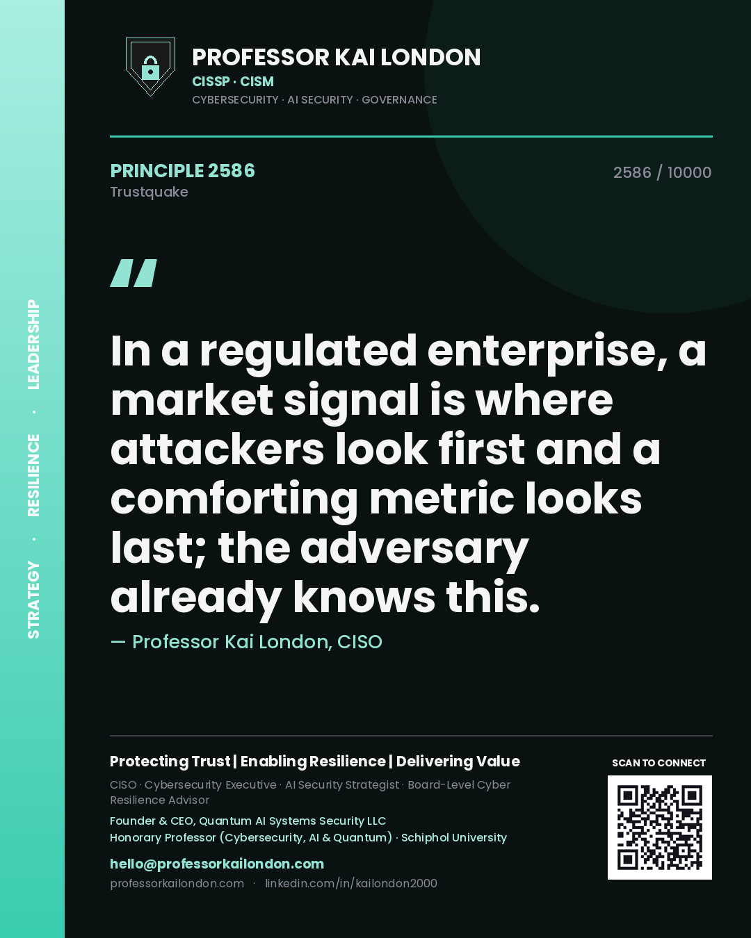 Quote card by Professor Kai London reading 'In a regulated enterprise, a market signal is where attackers look first and a comforting metric looks last; the adversary already knows this.'. From the book Trustquake.