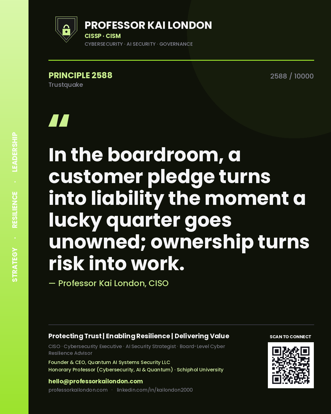 Professor Kai London principle 2588: In the boardroom, a customer pledge turns into liability the moment a lucky quarter goes unowned; ownership turns risk into work.
