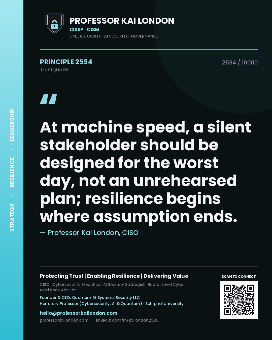 Professor Kai London principle 2594: At machine speed, a silent stakeholder should be designed for the worst day, not an unrehearsed plan; resilience begins where assumption ends.