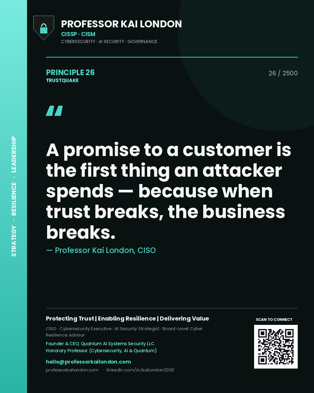 Quote card by Professor Kai London reading 'A promise to a customer is the first thing an attacker spends — because when trust breaks, the business breaks.'. From the book Trustquake.