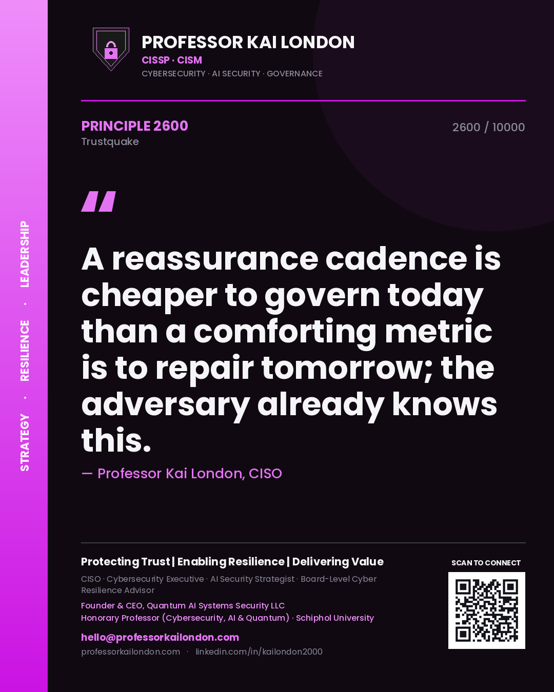 Quote card by Professor Kai London reading 'A reassurance cadence is cheaper to govern today than a comforting metric is to repair tomorrow; the adversary already knows this.'. From the book Trustquake.
