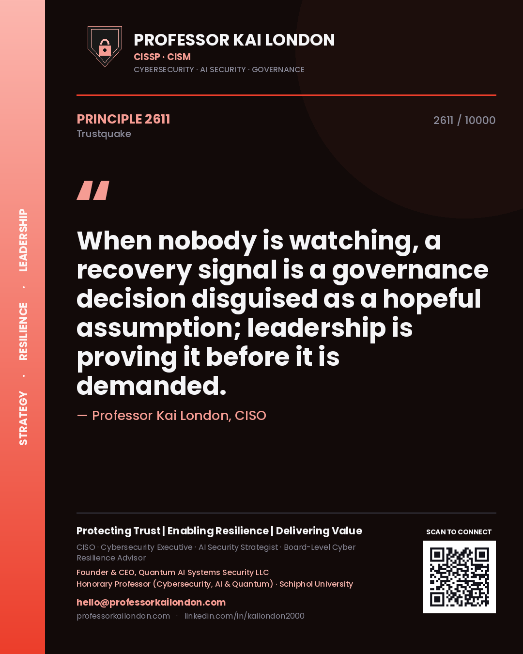 Quote card by Professor Kai London reading 'When nobody is watching, a recovery signal is a governance decision disguised as a hopeful assumption; leadership is proving it before it is demanded.'. From the book Trustquake.