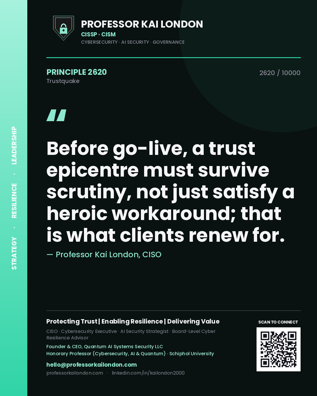 Quote card by Professor Kai London reading 'Before go-live, a trust epicentre must survive scrutiny, not just satisfy a heroic workaround; that is what clients renew for.'. From the book Trustquake.