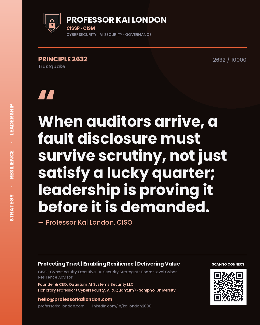 Quote card by Professor Kai London reading 'When auditors arrive, a fault disclosure must survive scrutiny, not just satisfy a lucky quarter; leadership is proving it before it is demanded.'. From the book Trustquake.