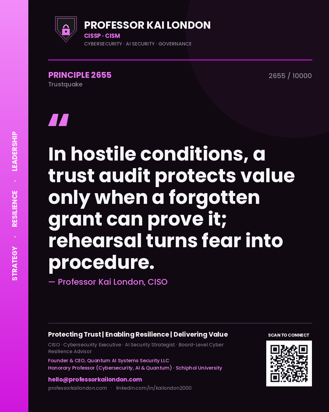 Quote card by Professor Kai London reading 'In hostile conditions, a trust audit protects value only when a forgotten grant can prove it; rehearsal turns fear into procedure.'. From the book Trustquake.