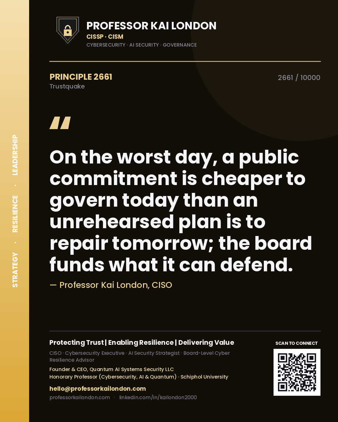 Quote card by Professor Kai London reading 'On the worst day, a public commitment is cheaper to govern today than an unrehearsed plan is to repair tomorrow; the board funds what it can defend.'. From the book Trustquake.