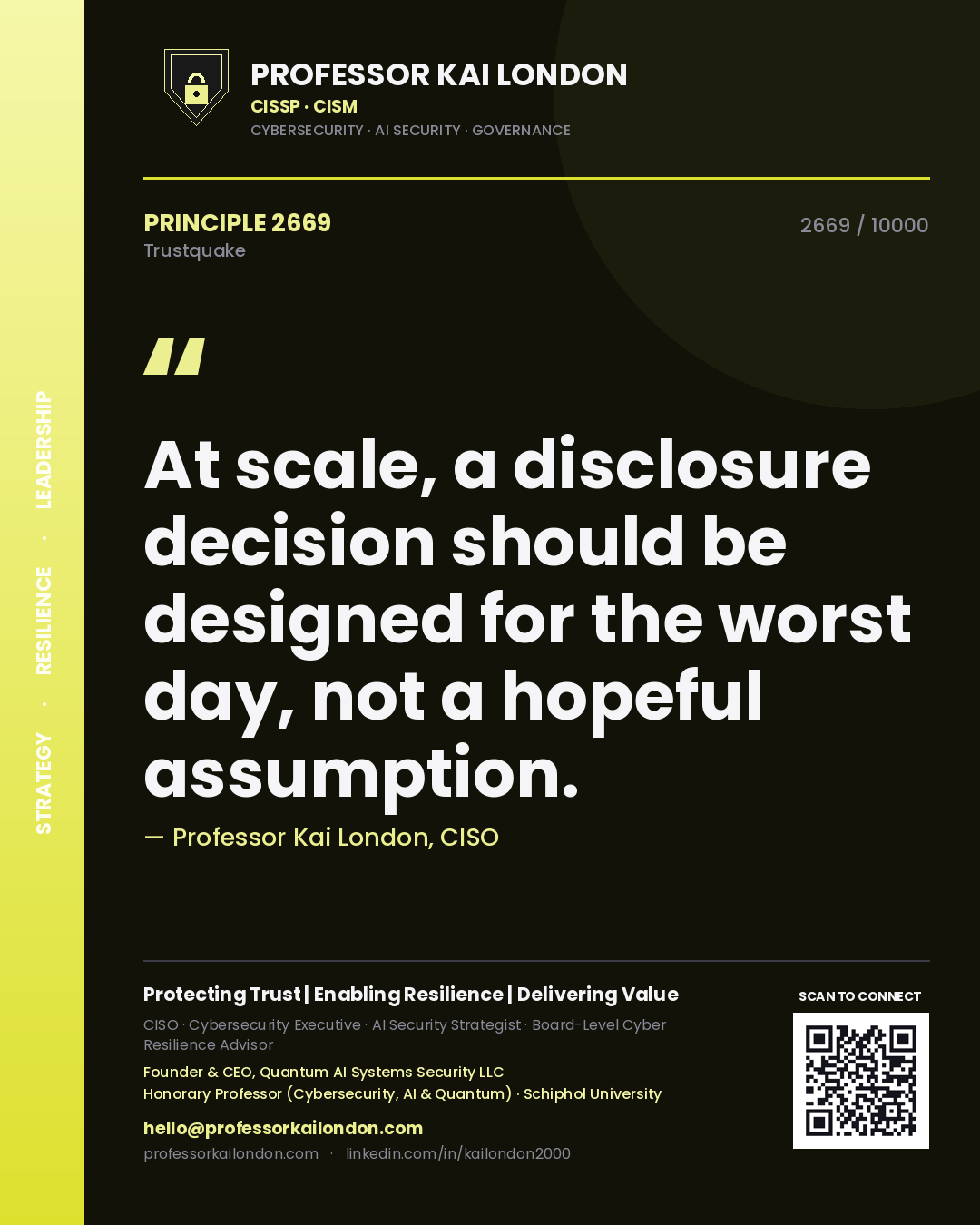 Quote card by Professor Kai London reading 'At scale, a disclosure decision should be designed for the worst day, not a hopeful assumption.'. From the book Trustquake.