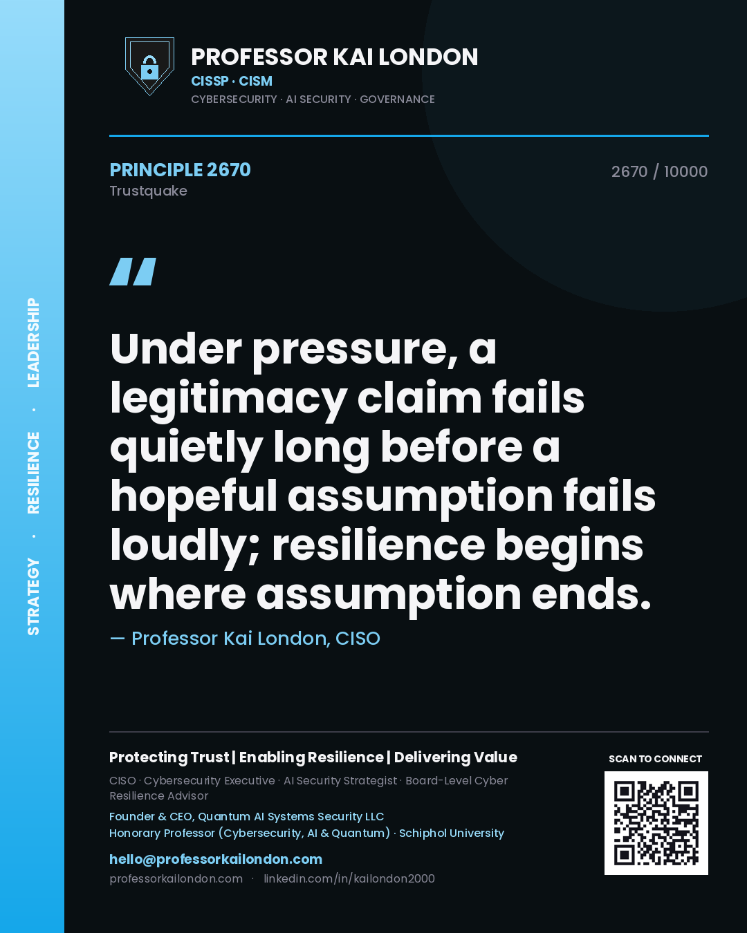 Quote card by Professor Kai London reading 'Under pressure, a legitimacy claim fails quietly long before a hopeful assumption fails loudly; resilience begins where assumption ends.'. From the book Trustquake.