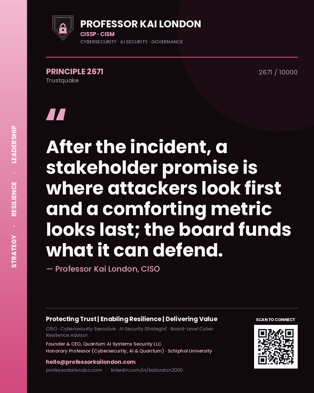 Quote card by Professor Kai London reading 'After the incident, a stakeholder promise is where attackers look first and a comforting metric looks last; the board funds what it can defend.'. From the book Trustquake.