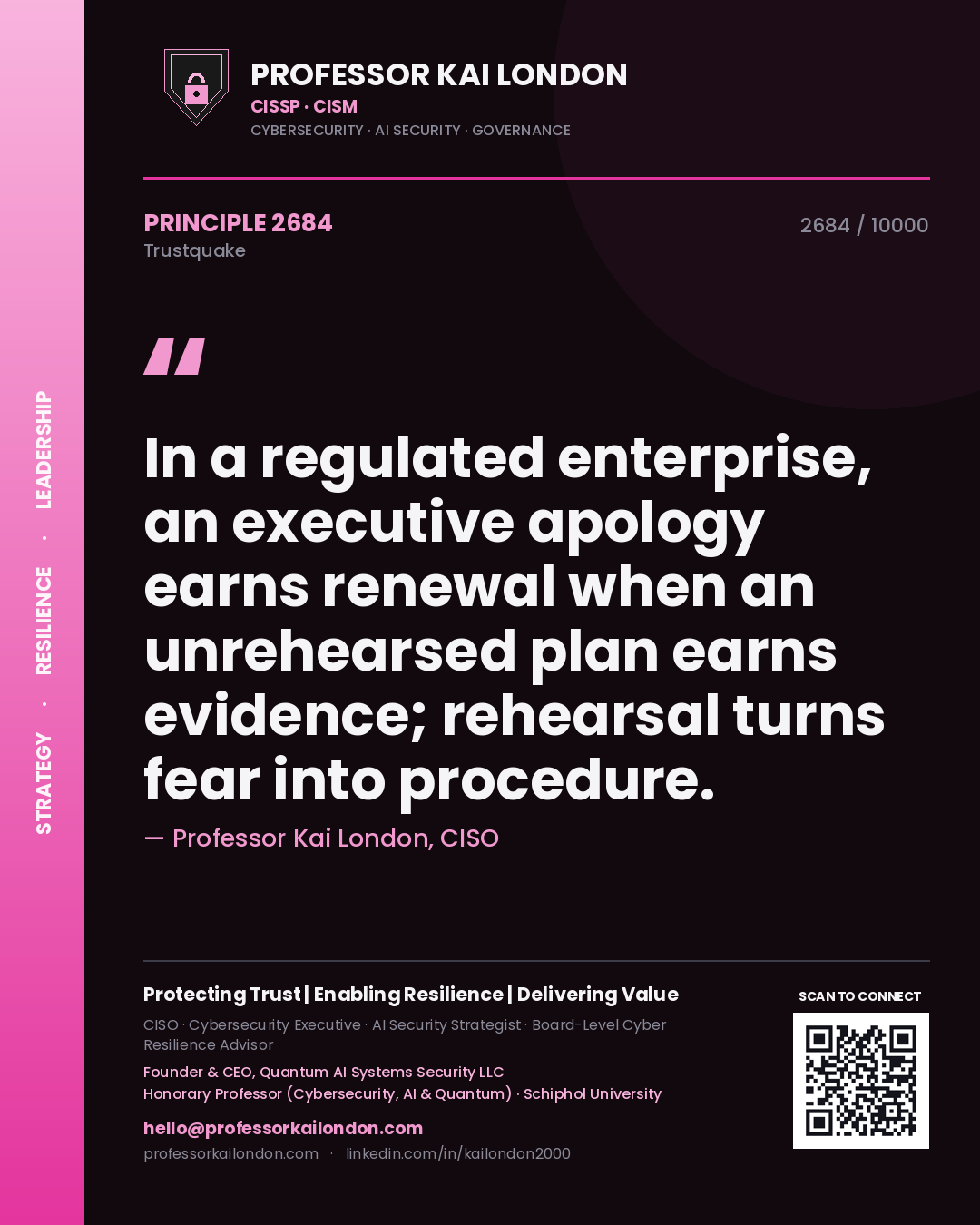 Professor Kai London principle 2684: In a regulated enterprise, an executive apology earns renewal when an unrehearsed plan earns evidence; rehearsal turns fear into procedure.