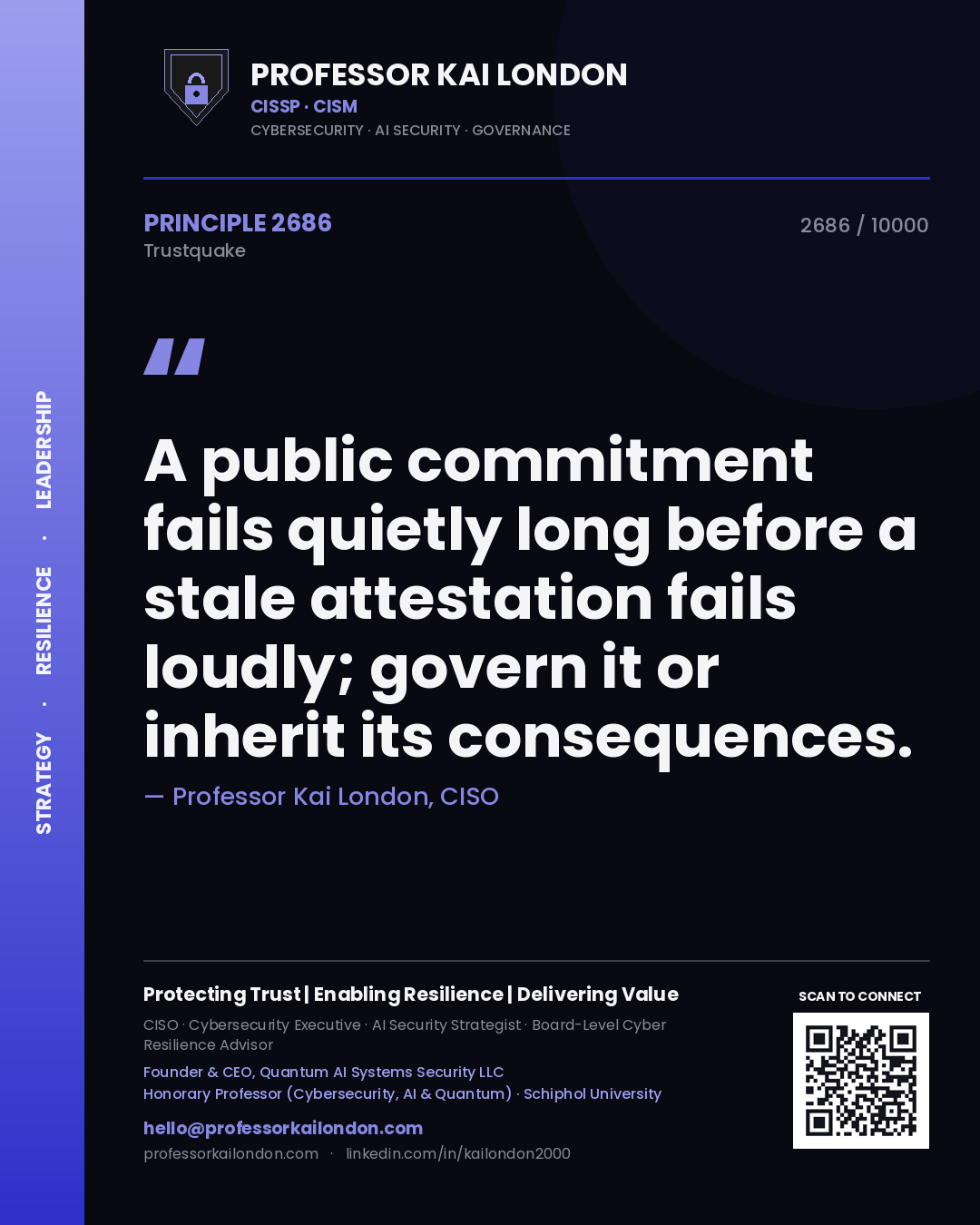 Quote card by Professor Kai London reading 'A public commitment fails quietly long before a stale attestation fails loudly; govern it or inherit its consequences.'. From the book Trustquake.