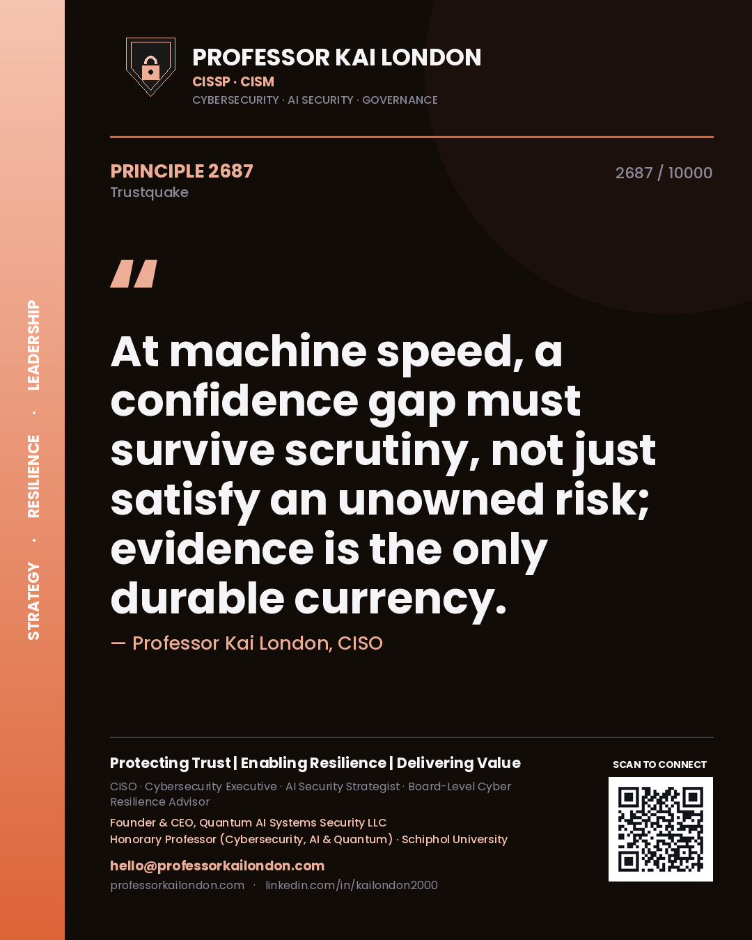 Quote card by Professor Kai London reading 'At machine speed, a confidence gap must survive scrutiny, not just satisfy an unowned risk; evidence is the only durable currency.'. From the book Trustquake.