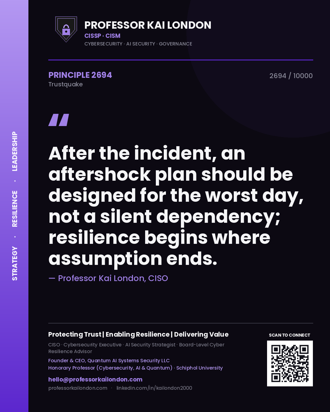 Quote card by Professor Kai London reading 'After the incident, an aftershock plan should be designed for the worst day, not a silent dependency; resilience begins where assumption ends.'. From the book Trustquake.
