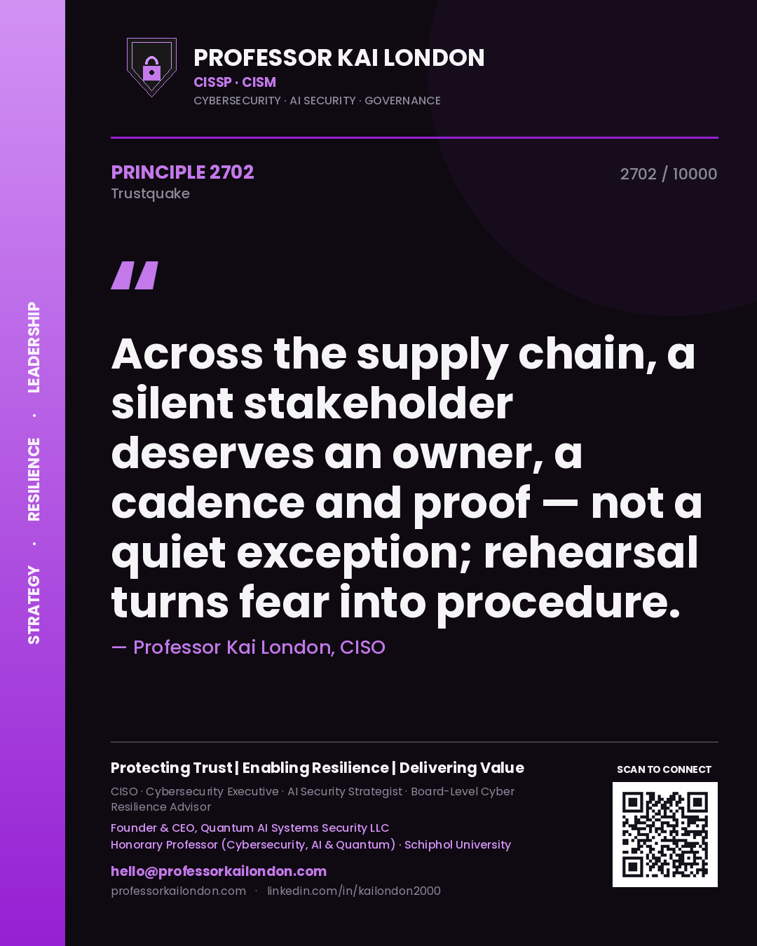 Professor Kai London principle 2702: Across the supply chain, a silent stakeholder deserves an owner, a cadence and proof — not a quiet exception; rehearsal turns fear into procedure.