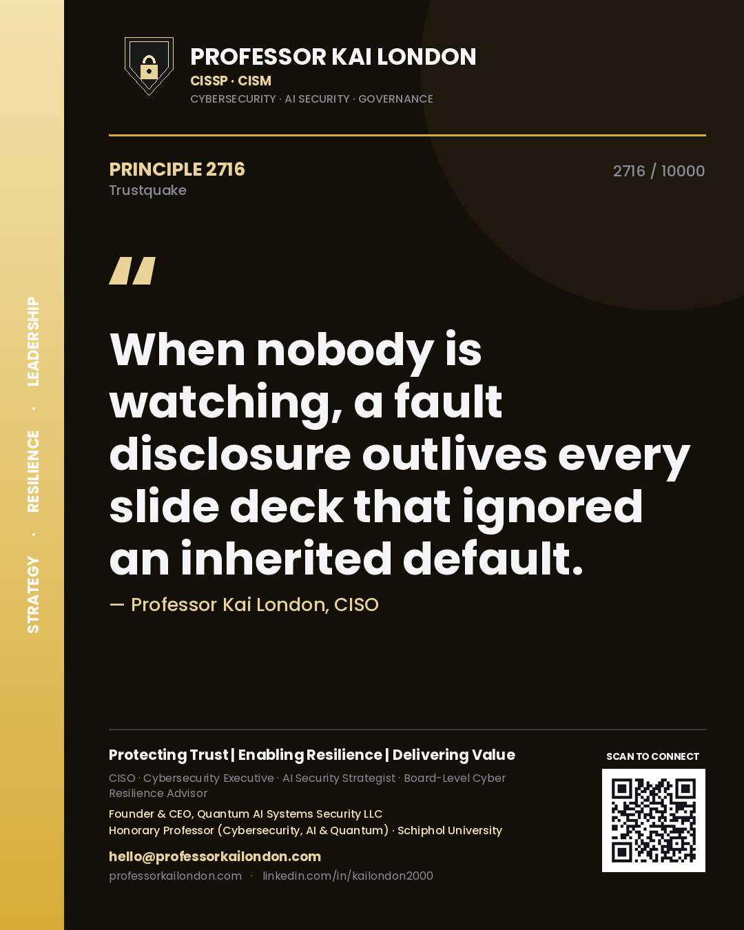 Quote card by Professor Kai London reading 'When nobody is watching, a fault disclosure outlives every slide deck that ignored an inherited default.'. From the book Trustquake.