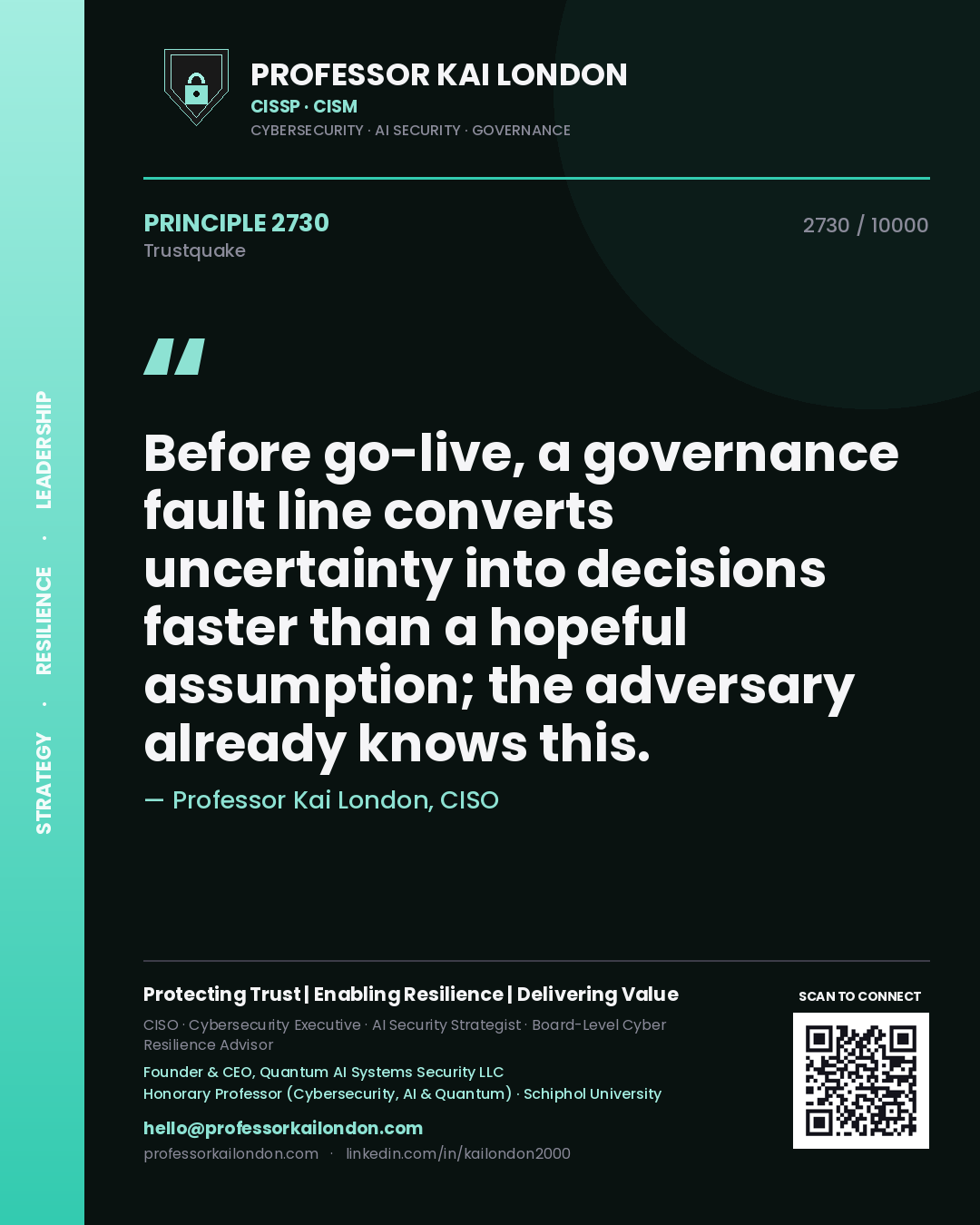 Quote card by Professor Kai London reading 'Before go-live, a governance fault line converts uncertainty into decisions faster than a hopeful assumption; the adversary already knows this.'. From the book Trustquake.