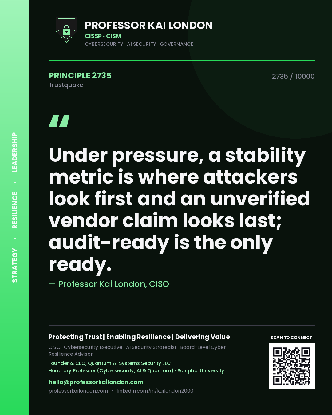 Professor Kai London principle 2735: Under pressure, a stability metric is where attackers look first and an unverified vendor claim looks last; audit-ready is the only ready.