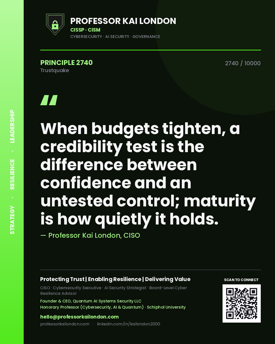 Quote card by Professor Kai London reading 'When budgets tighten, a credibility test is the difference between confidence and an untested control; maturity is how quietly it holds.'. From the book Trustquake.