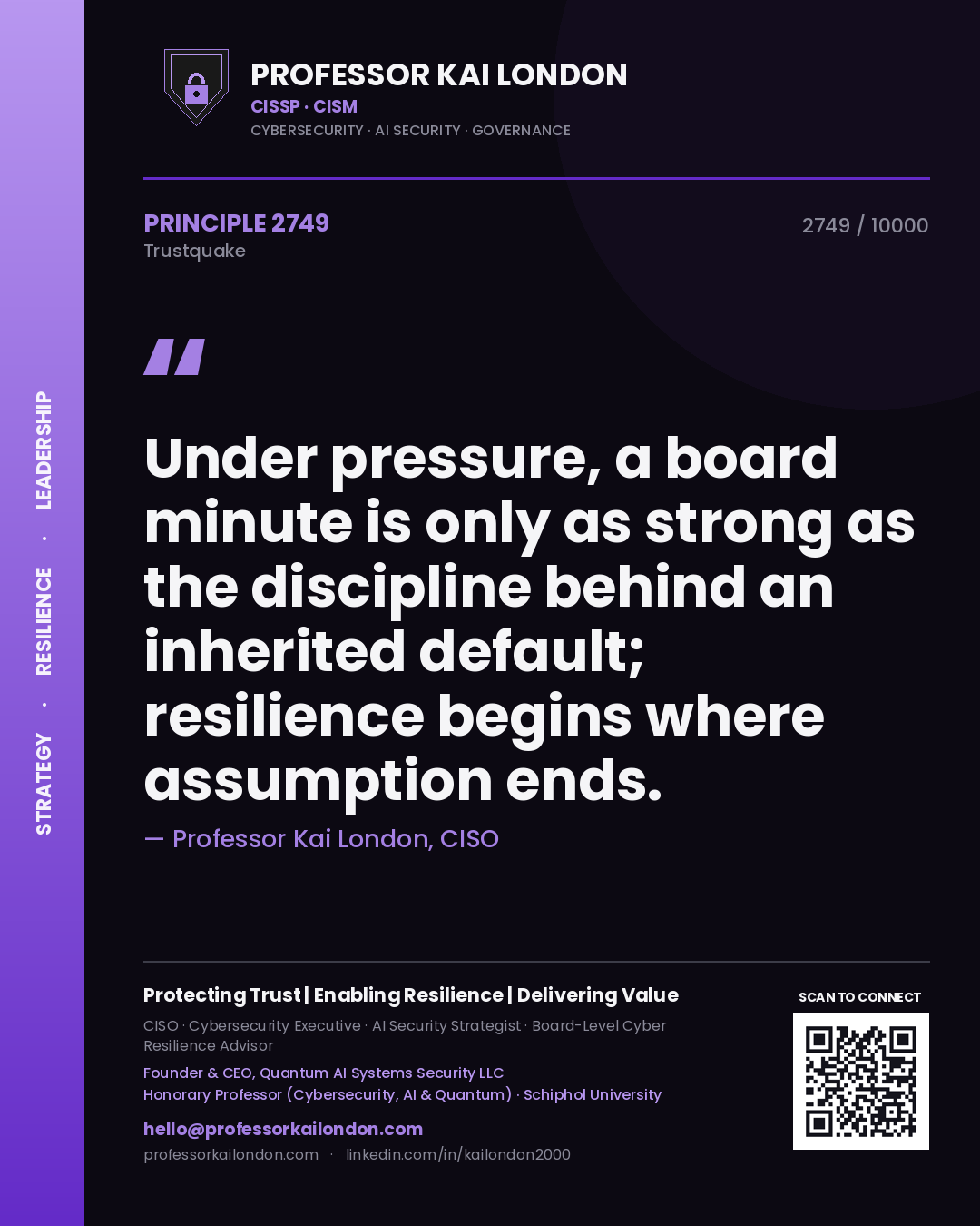 Professor Kai London principle 2749: Under pressure, a board minute is only as strong as the discipline behind an inherited default; resilience begins where assumption ends.