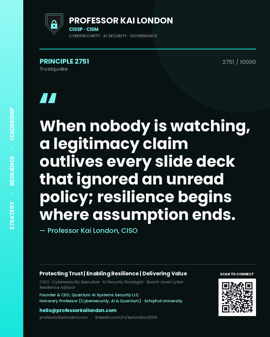 Professor Kai London principle 2751: When nobody is watching, a legitimacy claim outlives every slide deck that ignored an unread policy; resilience begins where assumption ends.