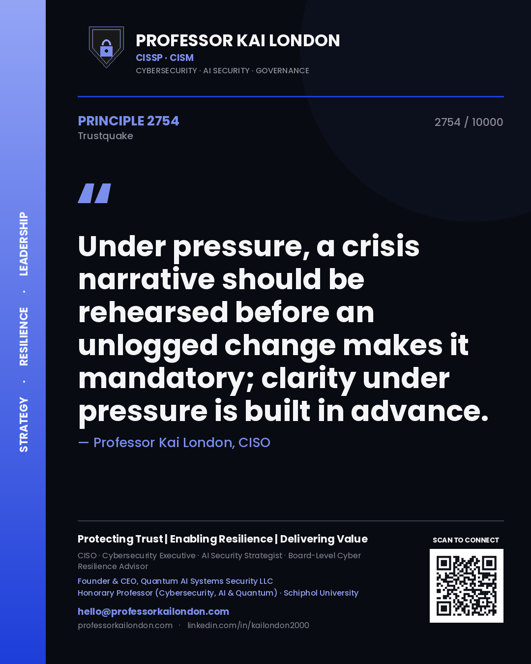 Professor Kai London principle 2754: Under pressure, a crisis narrative should be rehearsed before an unlogged change makes it mandatory; clarity under pressure is built in advance.