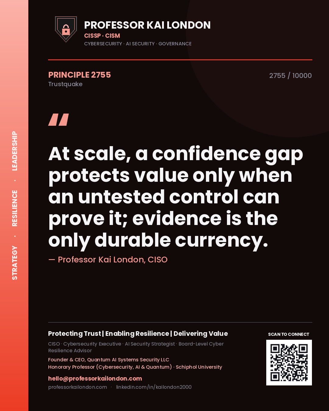 Quote card by Professor Kai London reading 'At scale, a confidence gap protects value only when an untested control can prove it; evidence is the only durable currency.'. From the book Trustquake.