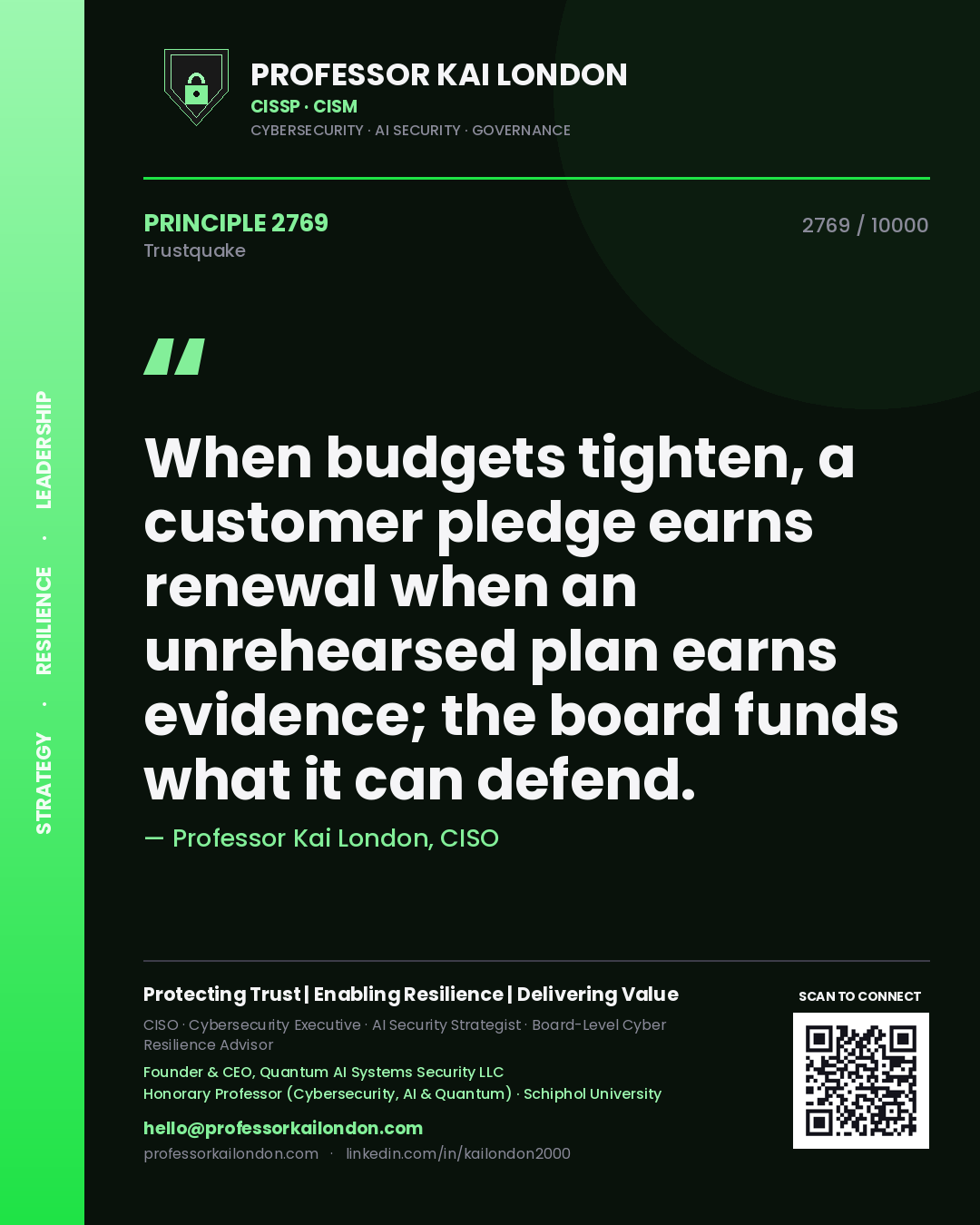 Quote card by Professor Kai London reading 'When budgets tighten, a customer pledge earns renewal when an unrehearsed plan earns evidence; the board funds what it can defend.'. From the book Trustquake.