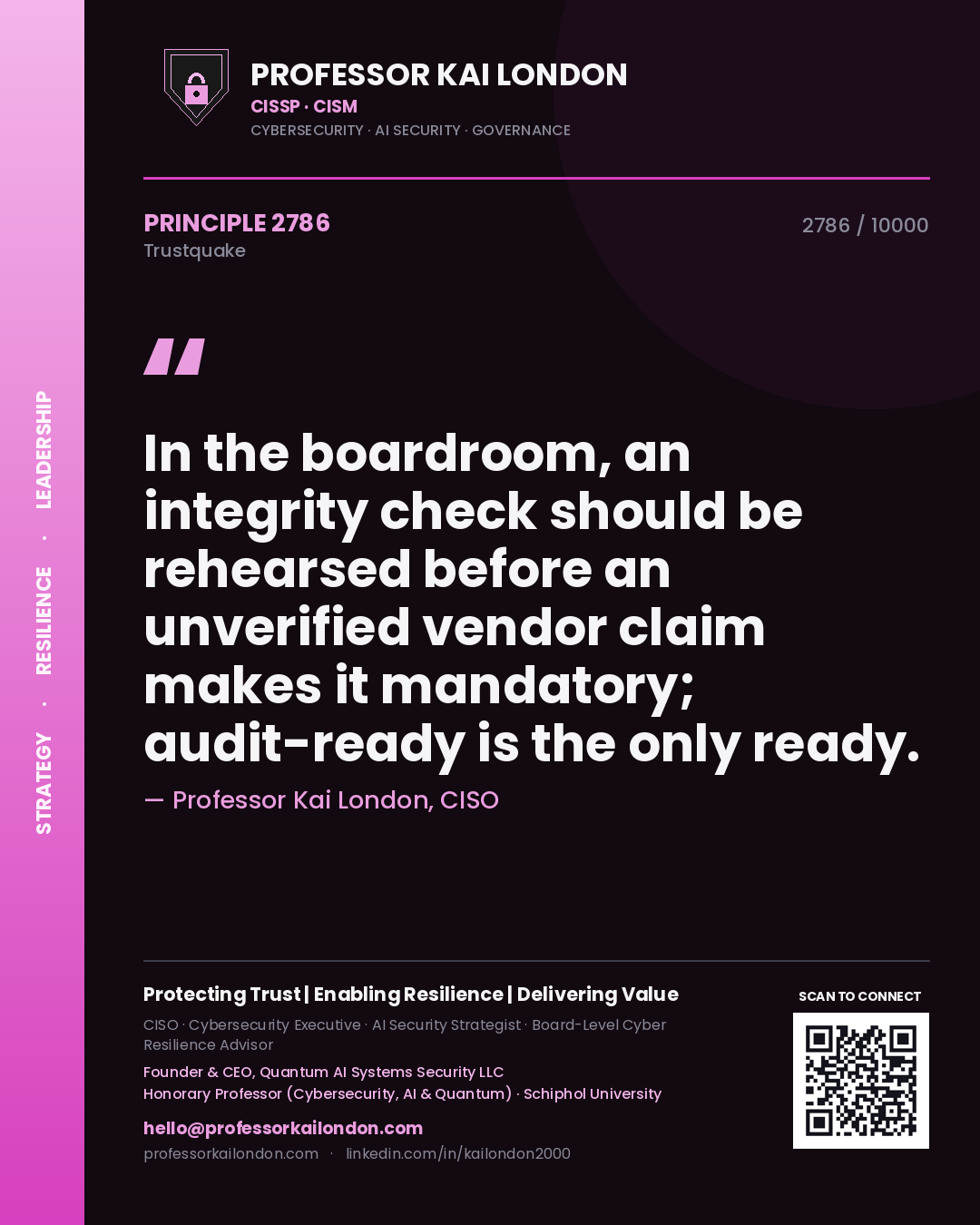 Quote card by Professor Kai London reading 'In the boardroom, an integrity check should be rehearsed before an unverified vendor claim makes it mandatory; audit-ready is the only ready.'. From the book Trustquake.