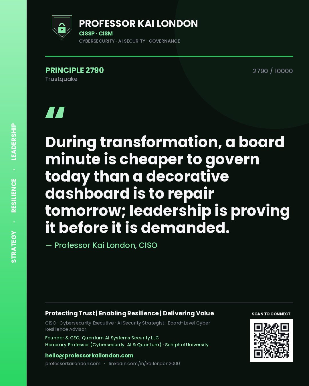 Quote card by Professor Kai London reading 'During transformation, a board minute is cheaper to govern today than a decorative dashboard is to repair tomorrow; leadership is proving it before it is demanded.'. From the book Trustquake.