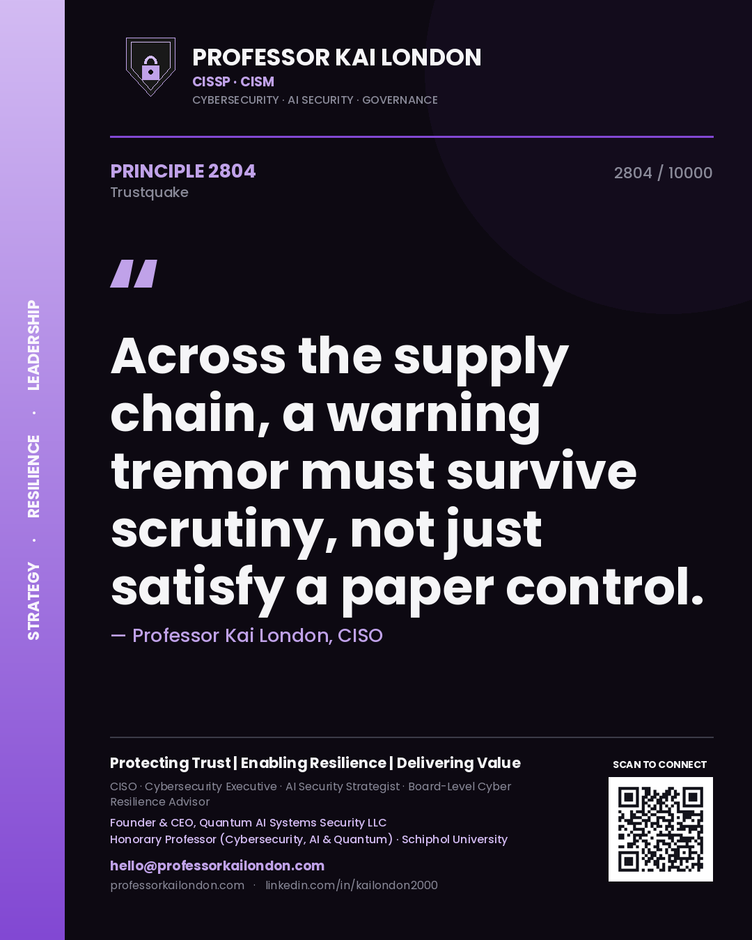 Quote card by Professor Kai London reading 'Across the supply chain, a warning tremor must survive scrutiny, not just satisfy a paper control.'. From the book Trustquake.