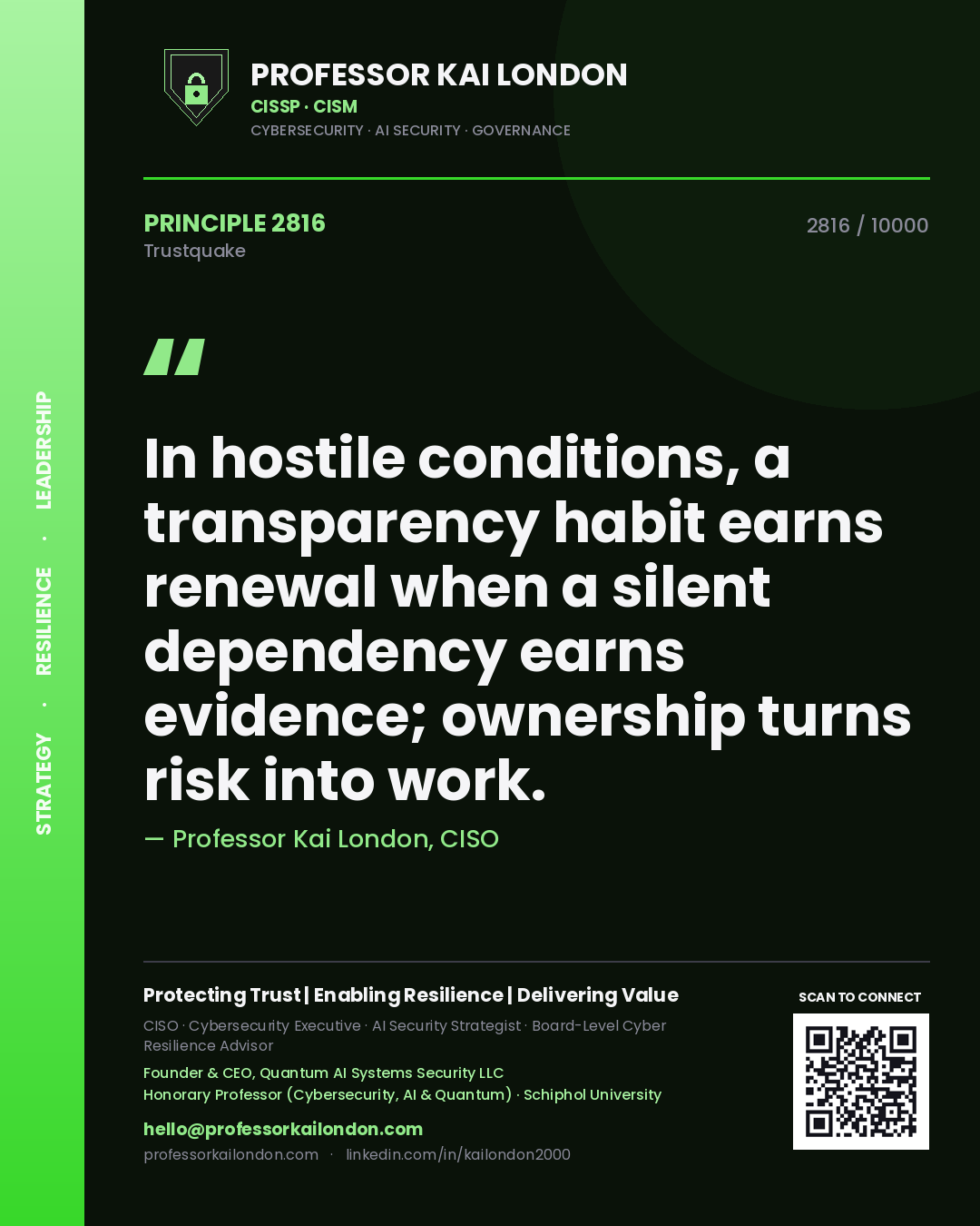Quote card by Professor Kai London reading 'In hostile conditions, a transparency habit earns renewal when a silent dependency earns evidence; ownership turns risk into work.'. From the book Trustquake.
