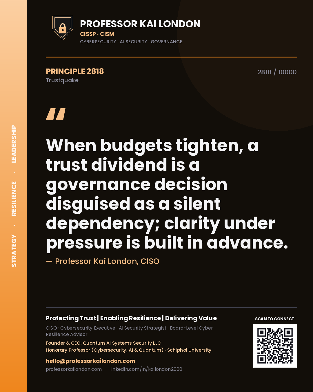 Quote card by Professor Kai London reading 'When budgets tighten, a trust dividend is a governance decision disguised as a silent dependency; clarity under pressure is built in advance.'. From the book Trustquake.
