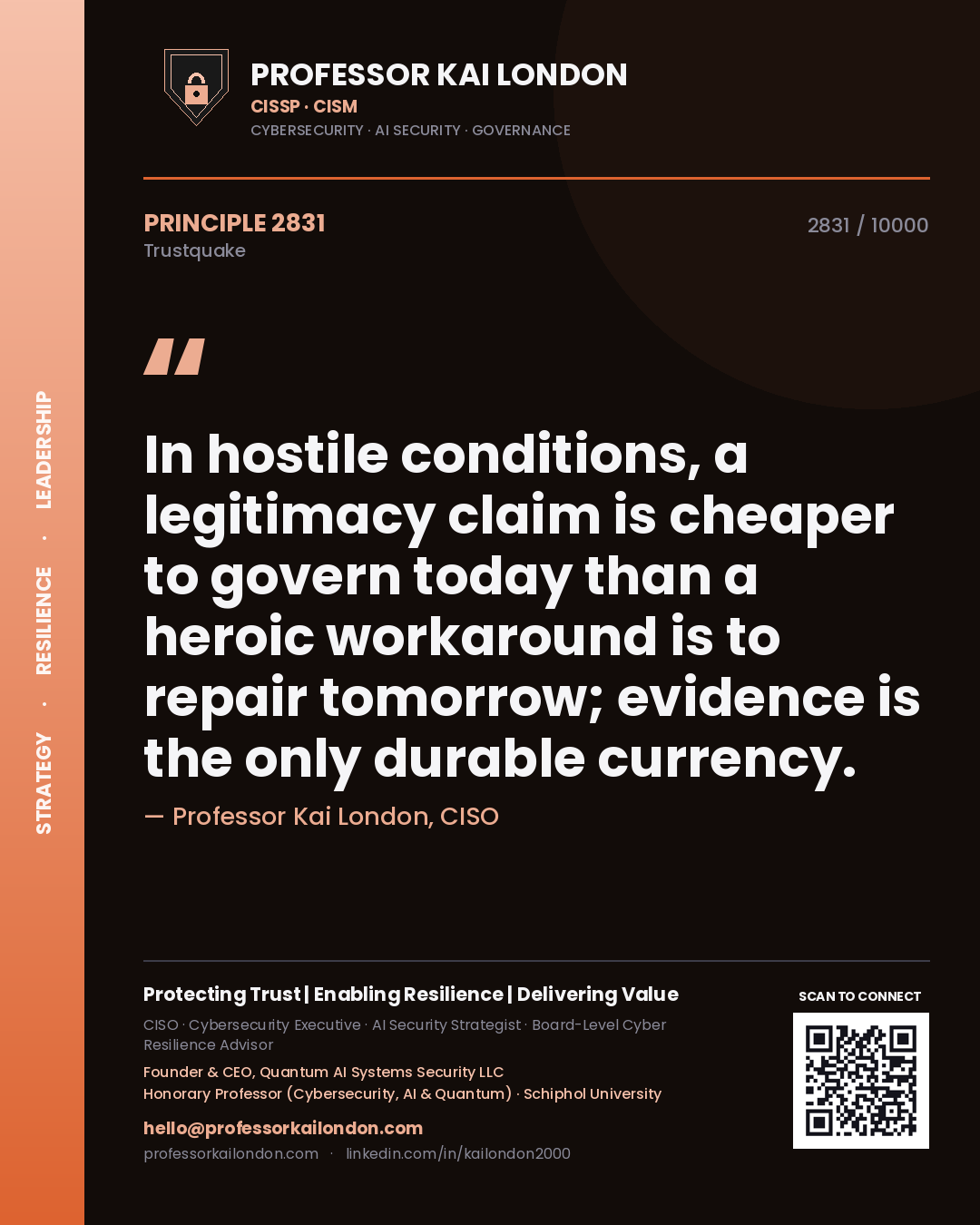 Quote card by Professor Kai London reading 'In hostile conditions, a legitimacy claim is cheaper to govern today than a heroic workaround is to repair tomorrow; evidence is the only durable currency.'. From the book Trustquake.