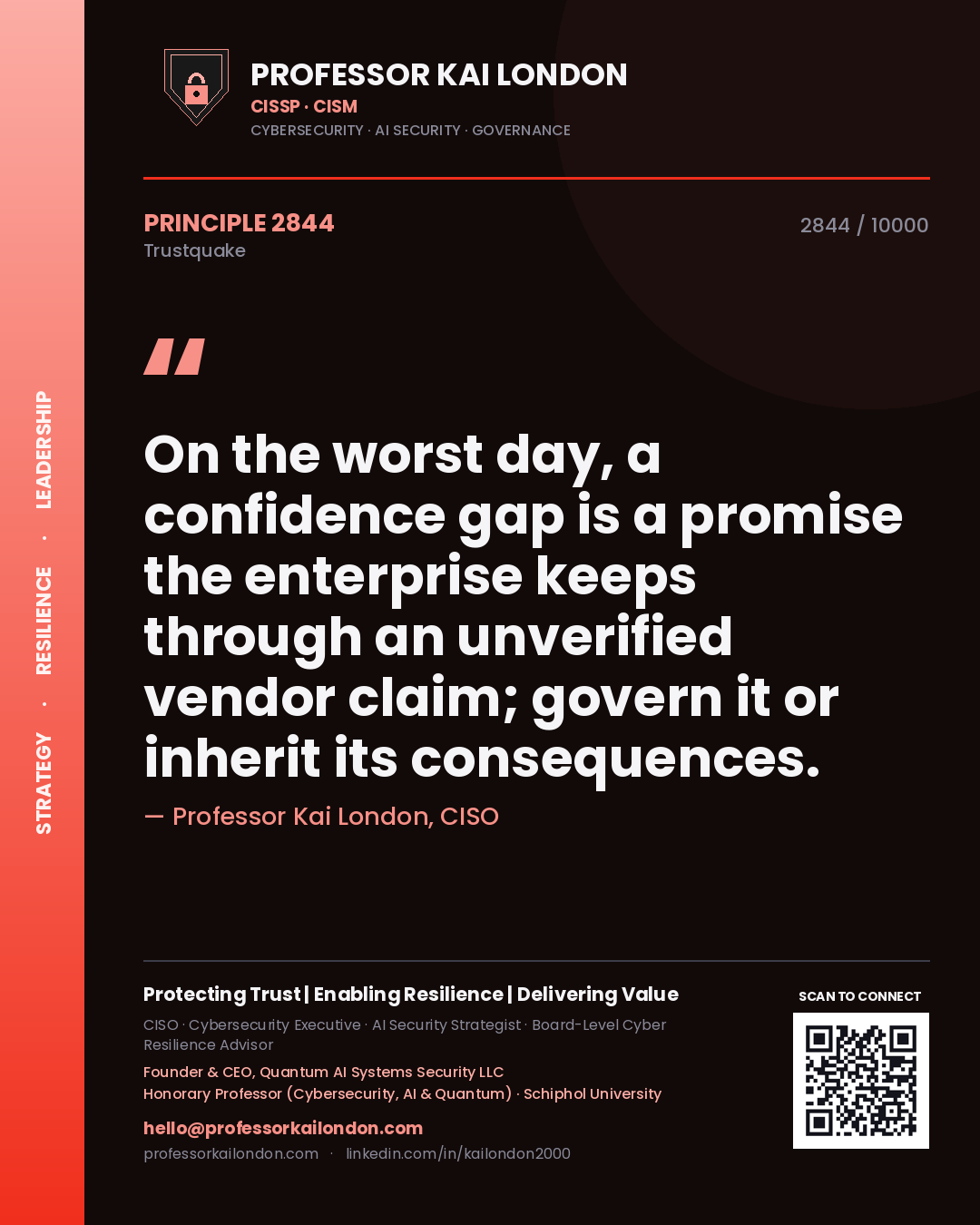 Professor Kai London principle 2844: On the worst day, a confidence gap is a promise the enterprise keeps through an unverified vendor claim; govern it or inherit its consequences.