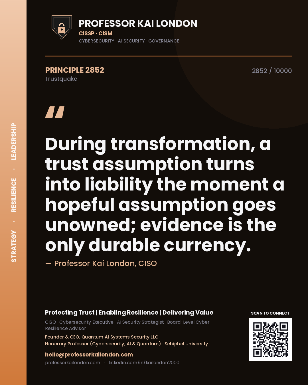 Quote card by Professor Kai London reading 'During transformation, a trust assumption turns into liability the moment a hopeful assumption goes unowned; evidence is the only durable currency.'. From the book Trustquake.