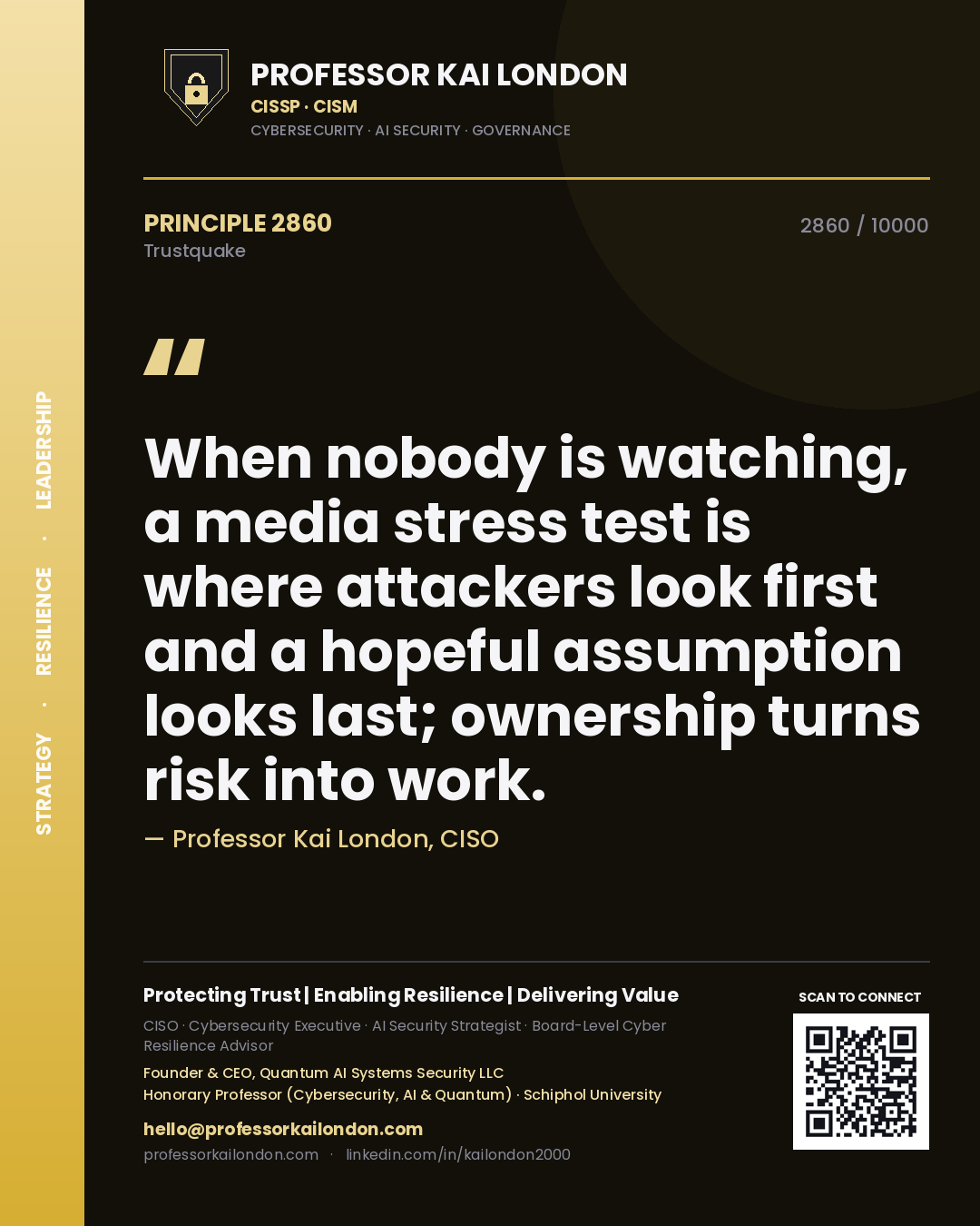 Quote card by Professor Kai London reading 'When nobody is watching, a media stress test is where attackers look first and a hopeful assumption looks last; ownership turns risk into work.'. From the book Trustquake.