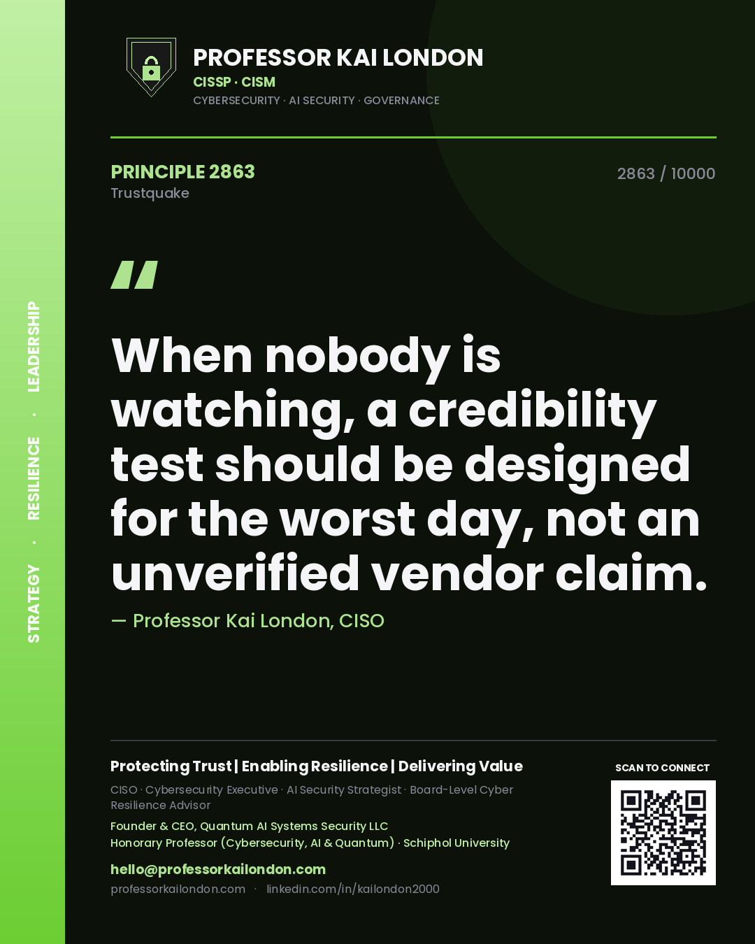 Professor Kai London principle 2863: When nobody is watching, a credibility test should be designed for the worst day, not an unverified vendor claim.