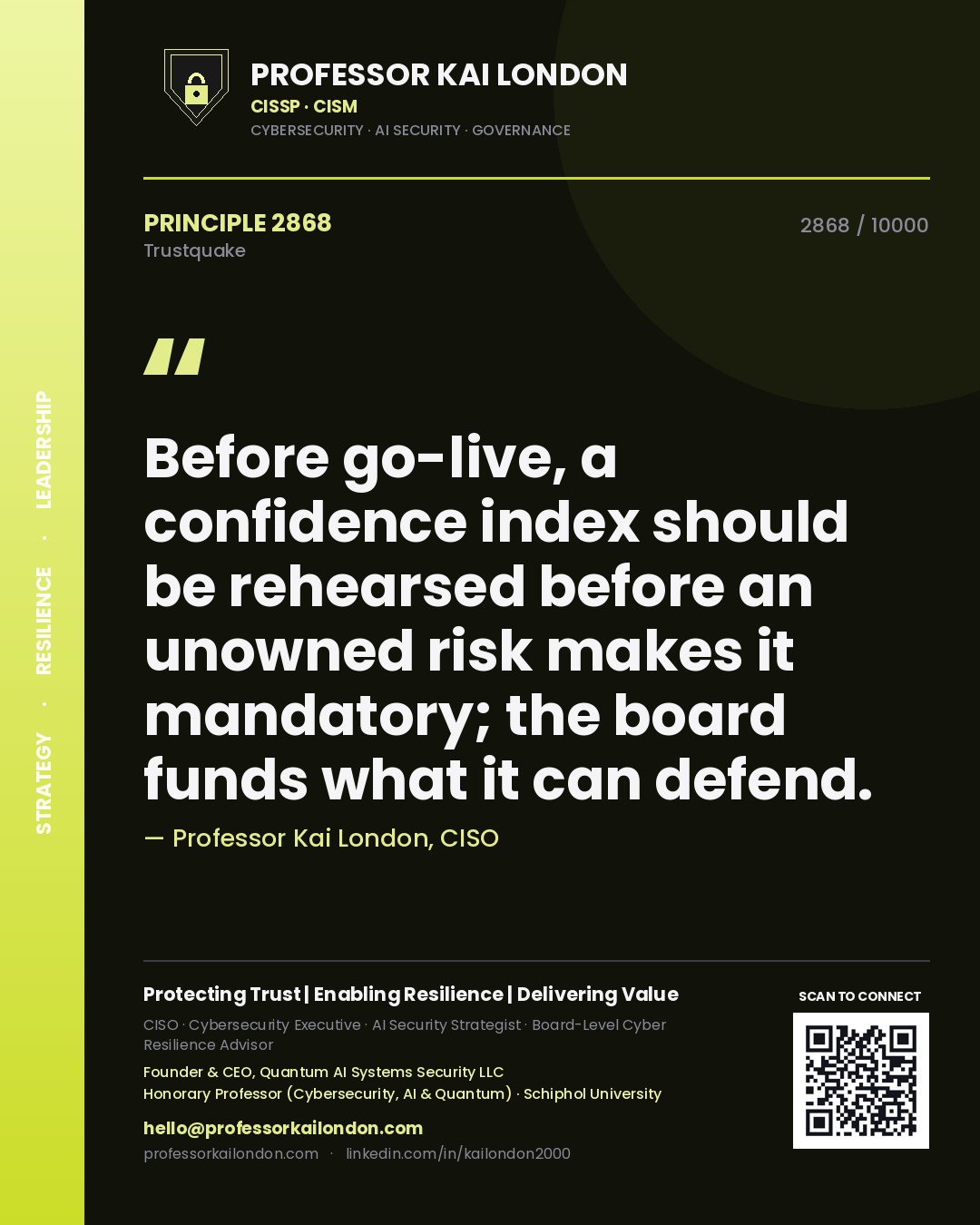 Quote card by Professor Kai London reading 'Before go-live, a confidence index should be rehearsed before an unowned risk makes it mandatory; the board funds what it can defend.'. From the book Trustquake.