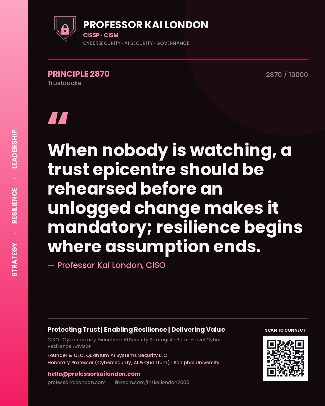 Professor Kai London principle 2870: When nobody is watching, a trust epicentre should be rehearsed before an unlogged change makes it mandatory; resilience begins where assumption ends.