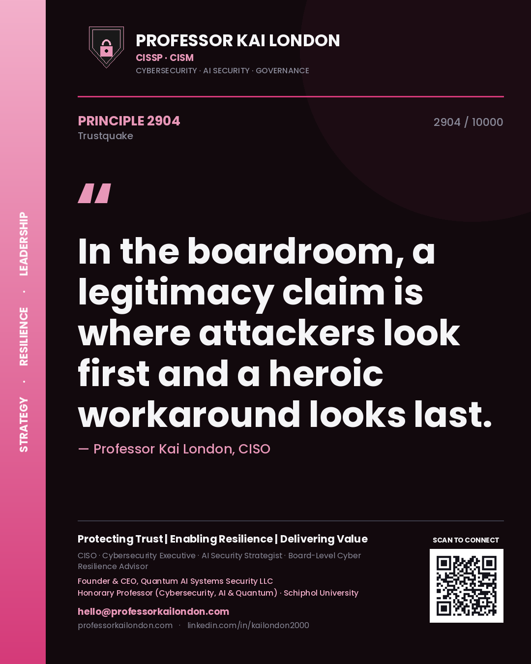 Quote card by Professor Kai London reading 'In the boardroom, a legitimacy claim is where attackers look first and a heroic workaround looks last.'. From the book Trustquake.