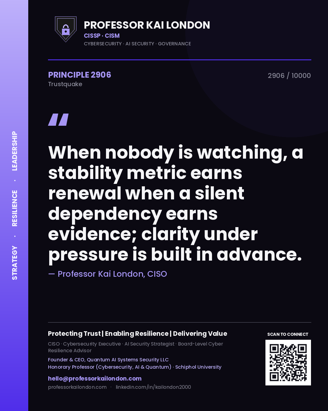 Professor Kai London principle 2906: When nobody is watching, a stability metric earns renewal when a silent dependency earns evidence; clarity under pressure is built in advance.