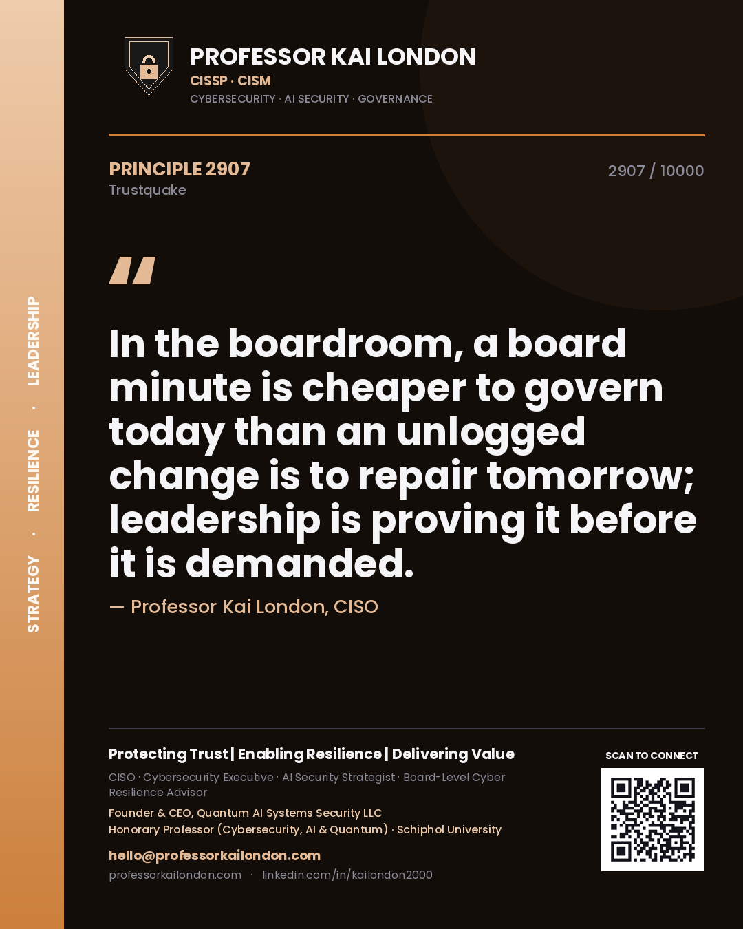 Quote card by Professor Kai London reading 'In the boardroom, a board minute is cheaper to govern today than an unlogged change is to repair tomorrow; leadership is proving it before it is demanded.'. From the book Trustquake.